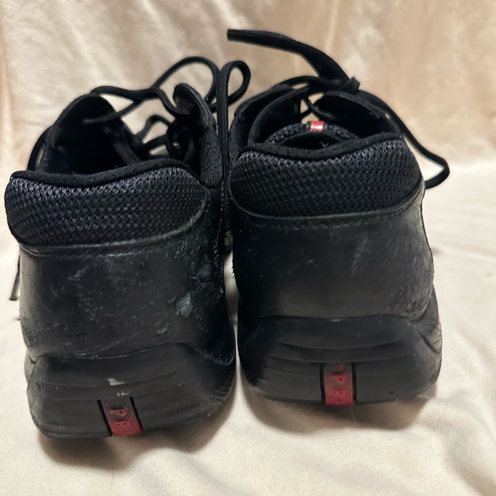Prada America’s cup Men's Black Leather & Mesh Sneakers with Red Stripe - Picture 8 of 16